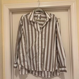 aerie Striped Button-Down Shirt in White and Taupe